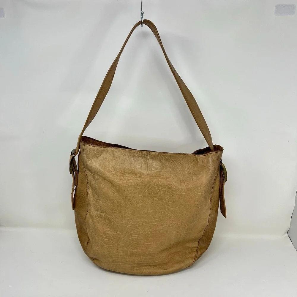 American Leather Co Embossed Leather Shoulder Bag Tan Brown Hobo Tote Purse